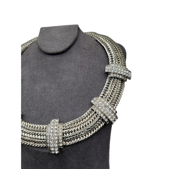 Silver Tone Mesh Collar Necklace Rhinestone Studded Woven 18" Chain - Picture 6 of 15